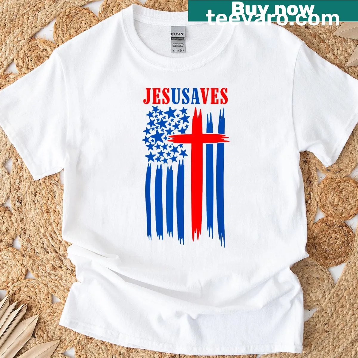 T-shirt featuring 'Jesus Saves' with a cross and American flag — on a men's t-shirt