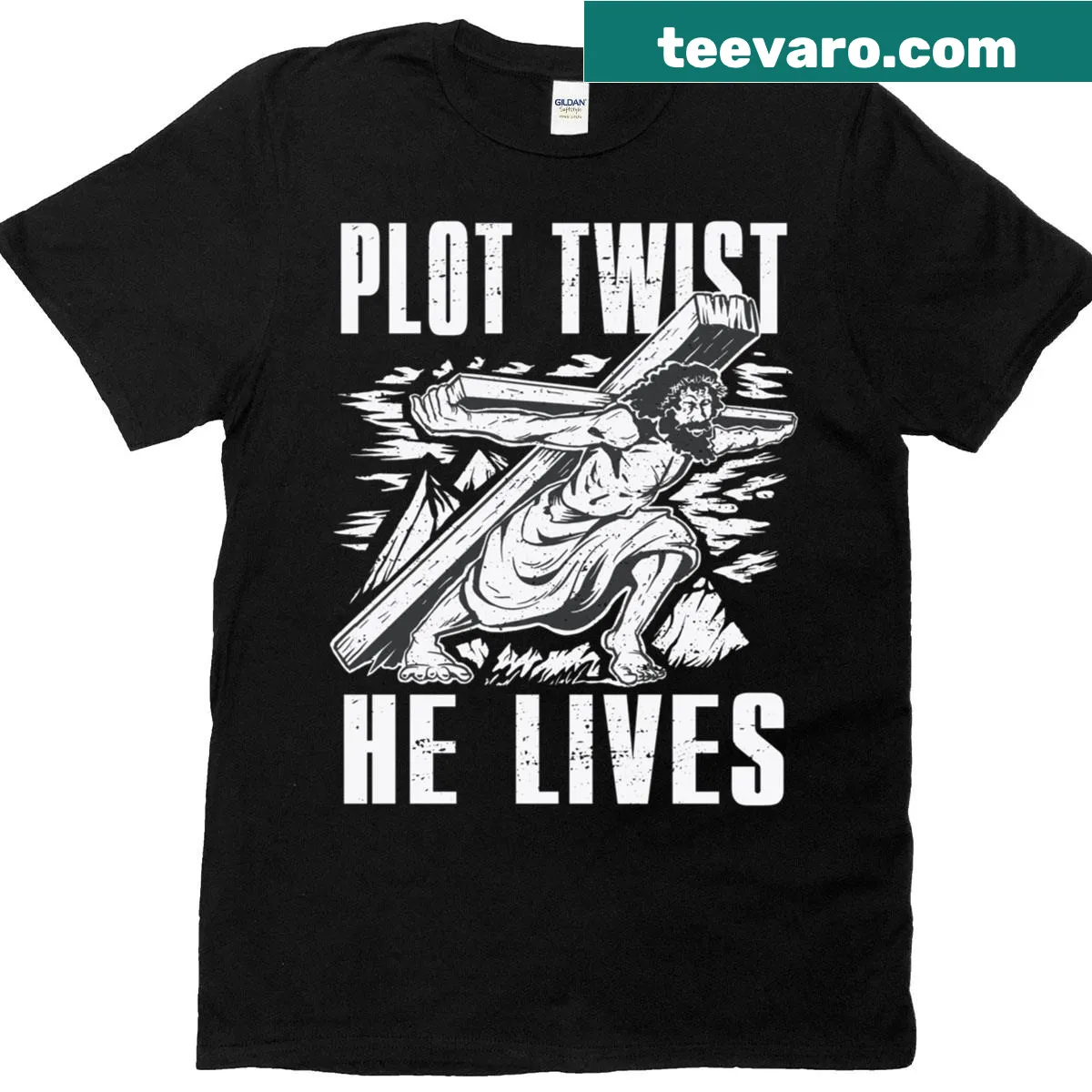 Funny Easter t-shirt with the phrase 'Plot Twist: He Lives' — on a men's t-shirt