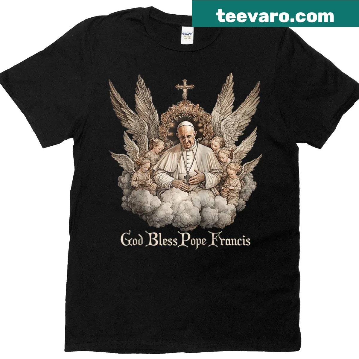 Raglan baseball tee with angels and 'God Bless Pope Francis' design — on a men's t-shirt