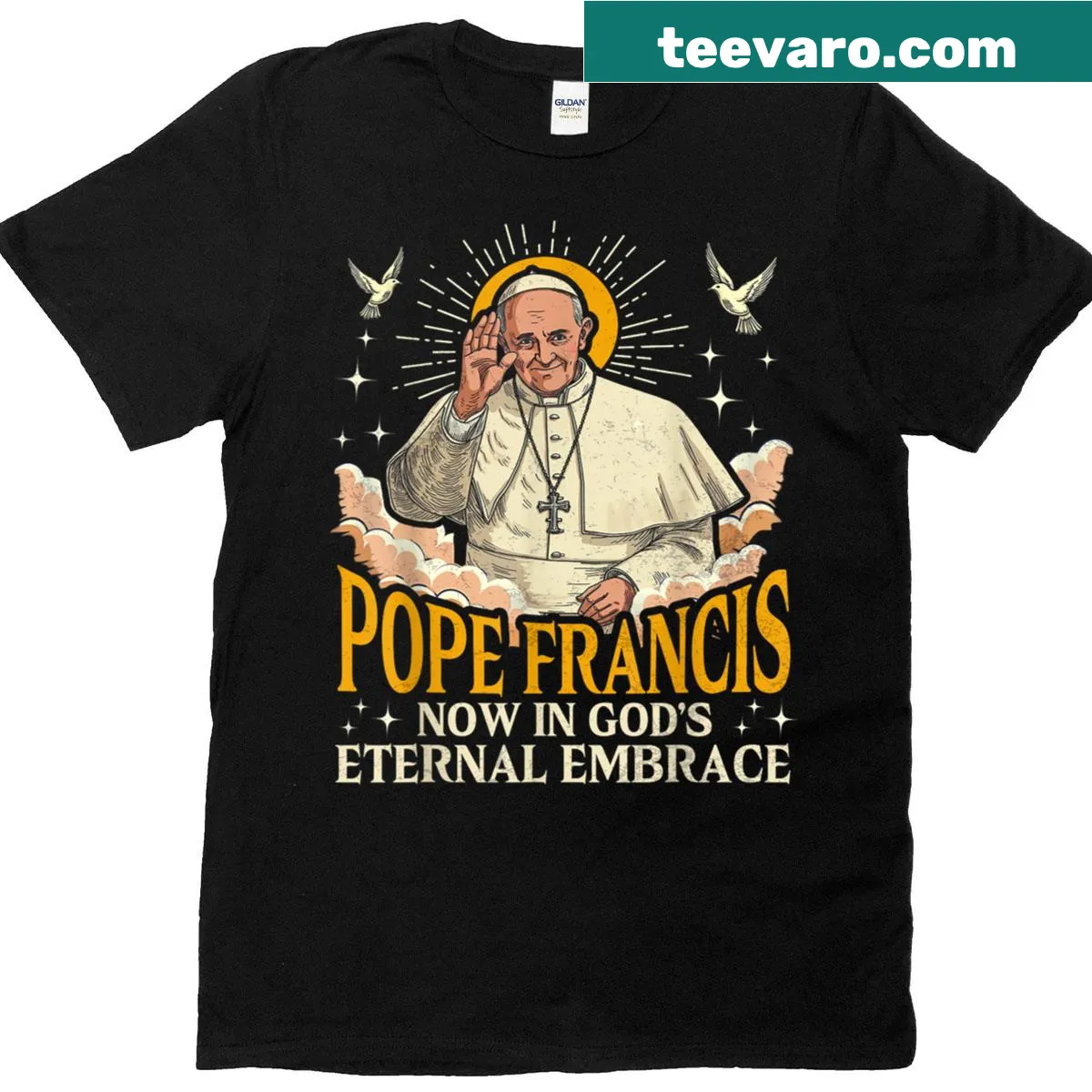 Memorial t-shirt for Pope Francis featuring peace themes — on a men's t-shirt
