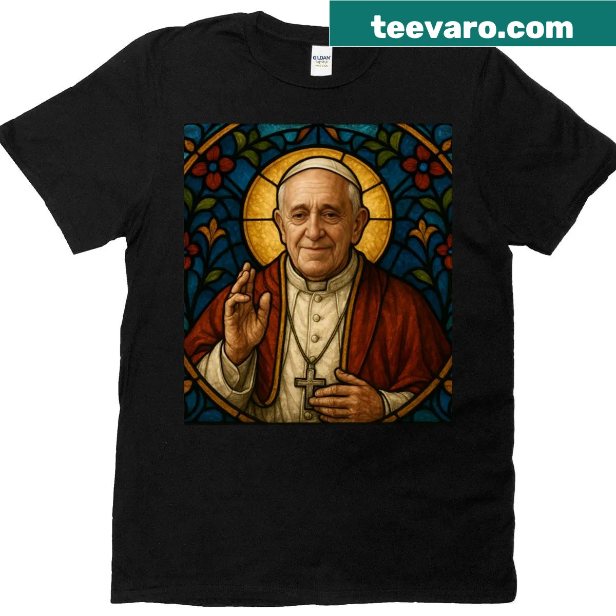 Stained glass art inspired by Pope Francis on a T-shirt. — on a men's t-shirt