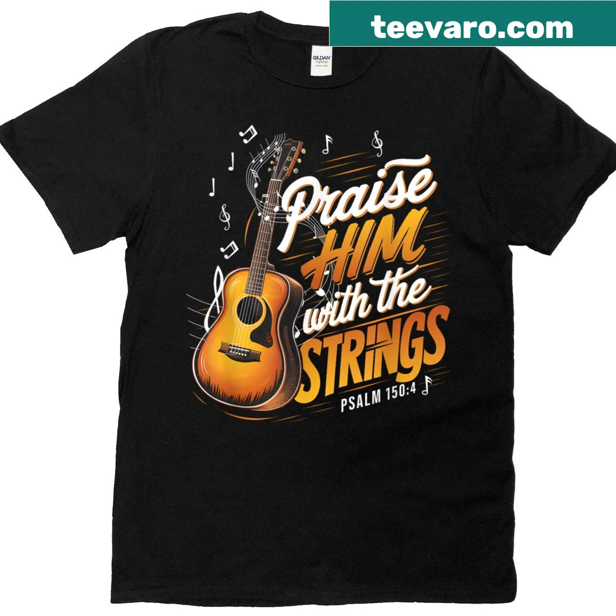 Christian guitar t-shirt with 'Praise Him With The Strings' text — on a men's t-shirt