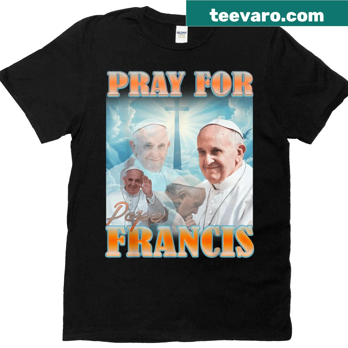 T-shirt with the message 'Pray for Pope Francis' in clear typography — on a men's t-shirt