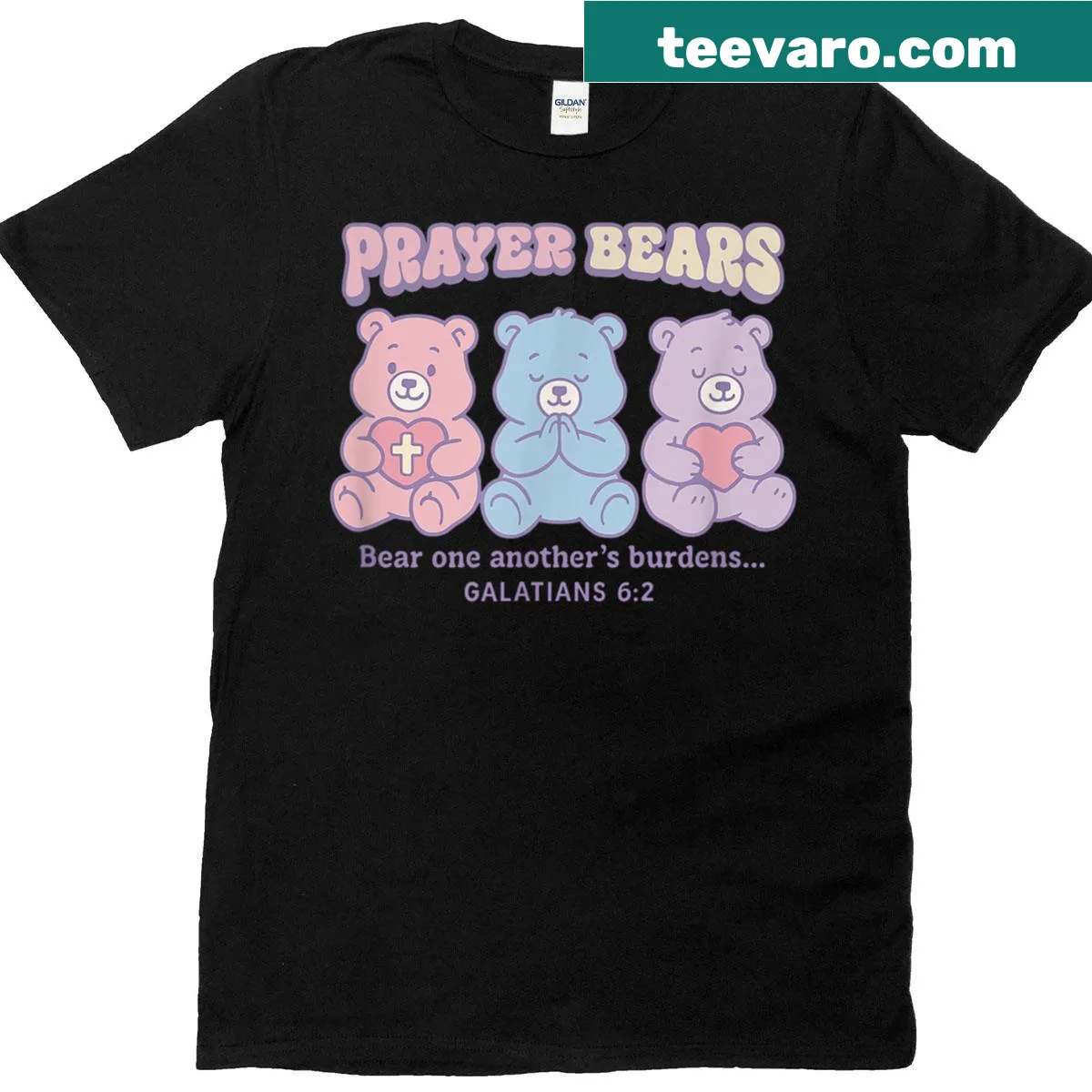 Cute T-shirt with illustrated bears and 'One Another's Burdens' text — on a men's t-shirt