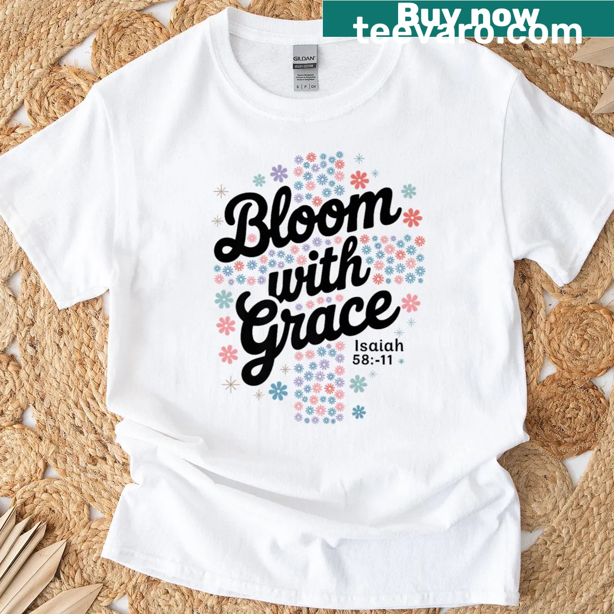 Floral cross design with the text 'Bloom With Grace' on T-shirt — on a men's t-shirt