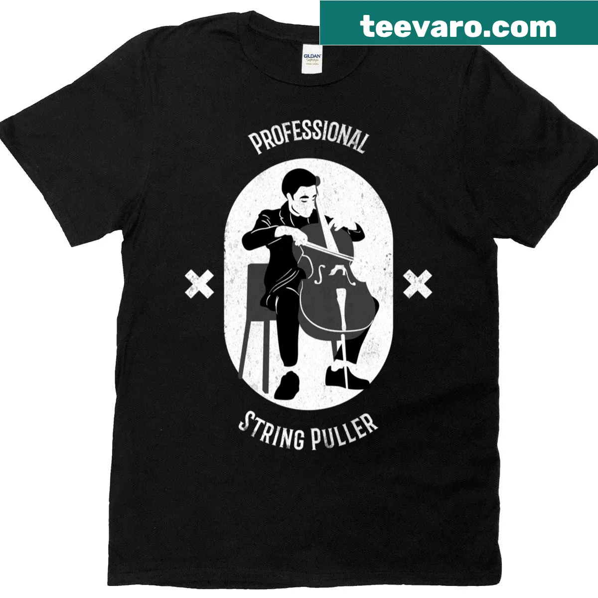 Funny cello teacher t-shirt with 'Professional String Puller' text — on a men's t-shirt
