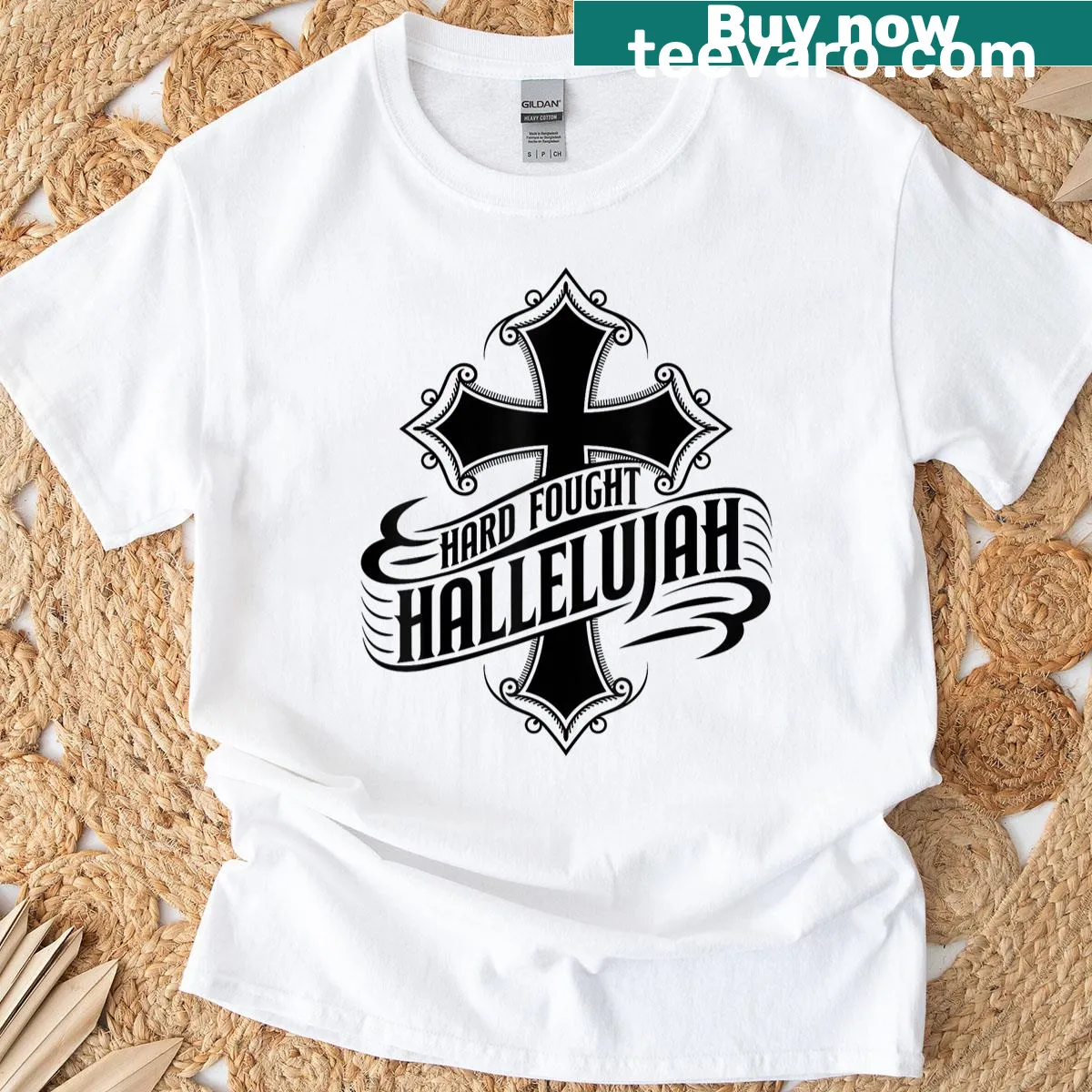 Retro T-shirt featuring 'Hard Fought Hallelujah' Bible verse — on a men's t-shirt