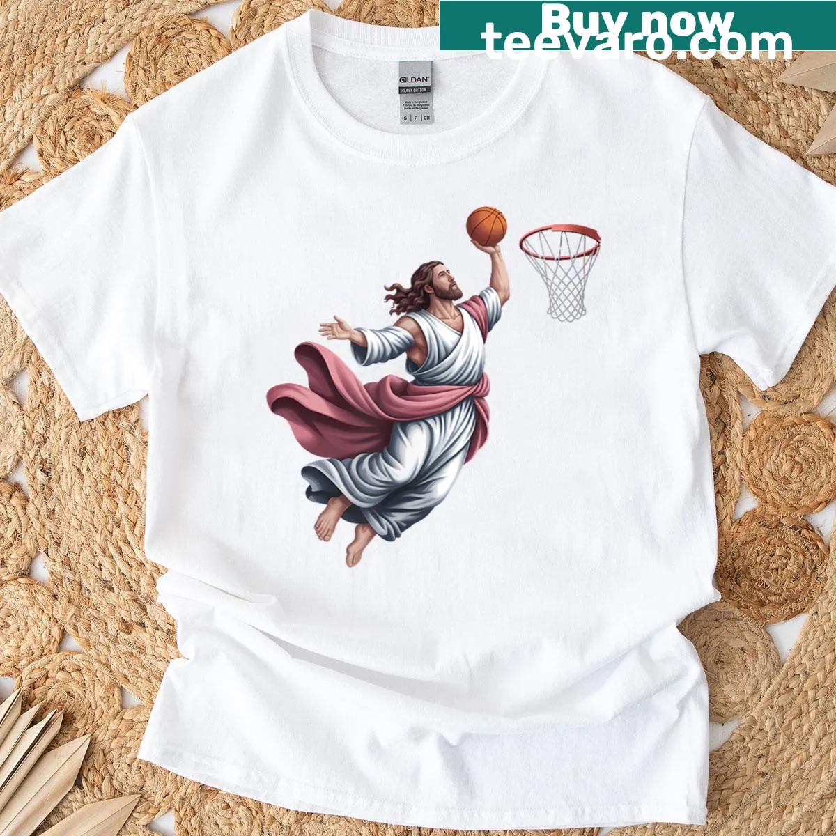 Vintage Jesus playing basketball graphic t-shirt — on a men's t-shirt