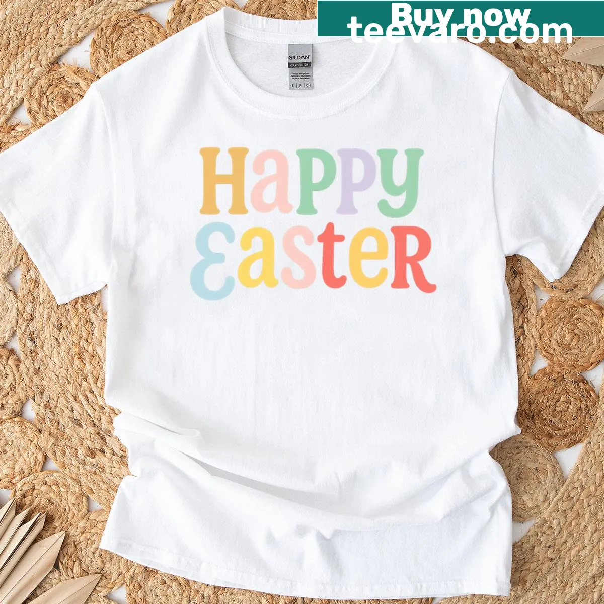 Retro typography t-shirt with 'Happy Easter' text — on a men's t-shirt