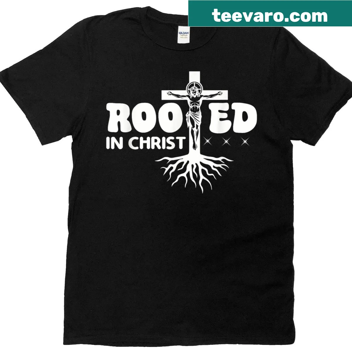 T-shirt with uplifting Christian message 'Rooted in Christ' in clear typography. — on a men's t-shirt