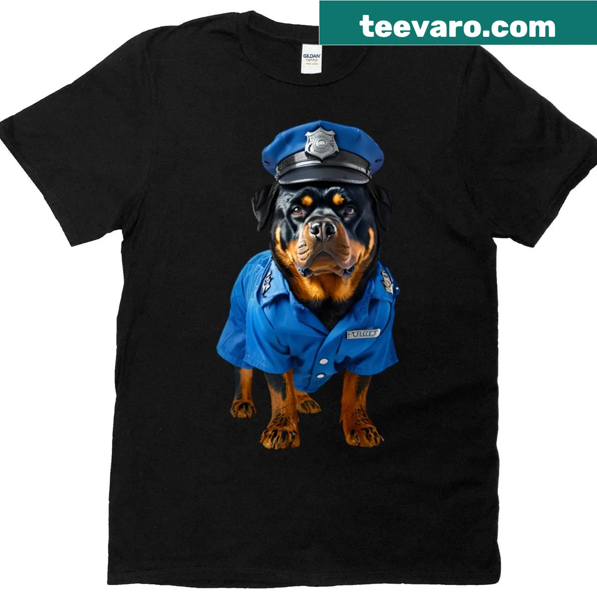 Oversized t-shirt celebrating Rottweilers with a police-themed graphic. — on a men's t-shirt