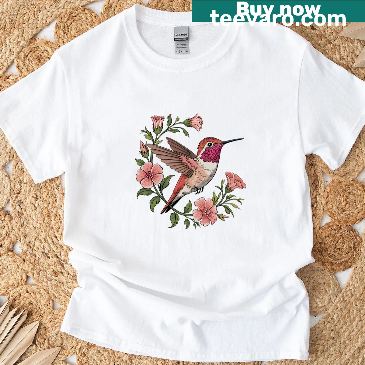 Illustration of a Rufous Hummingbird among flowers — on a men's t-shirt