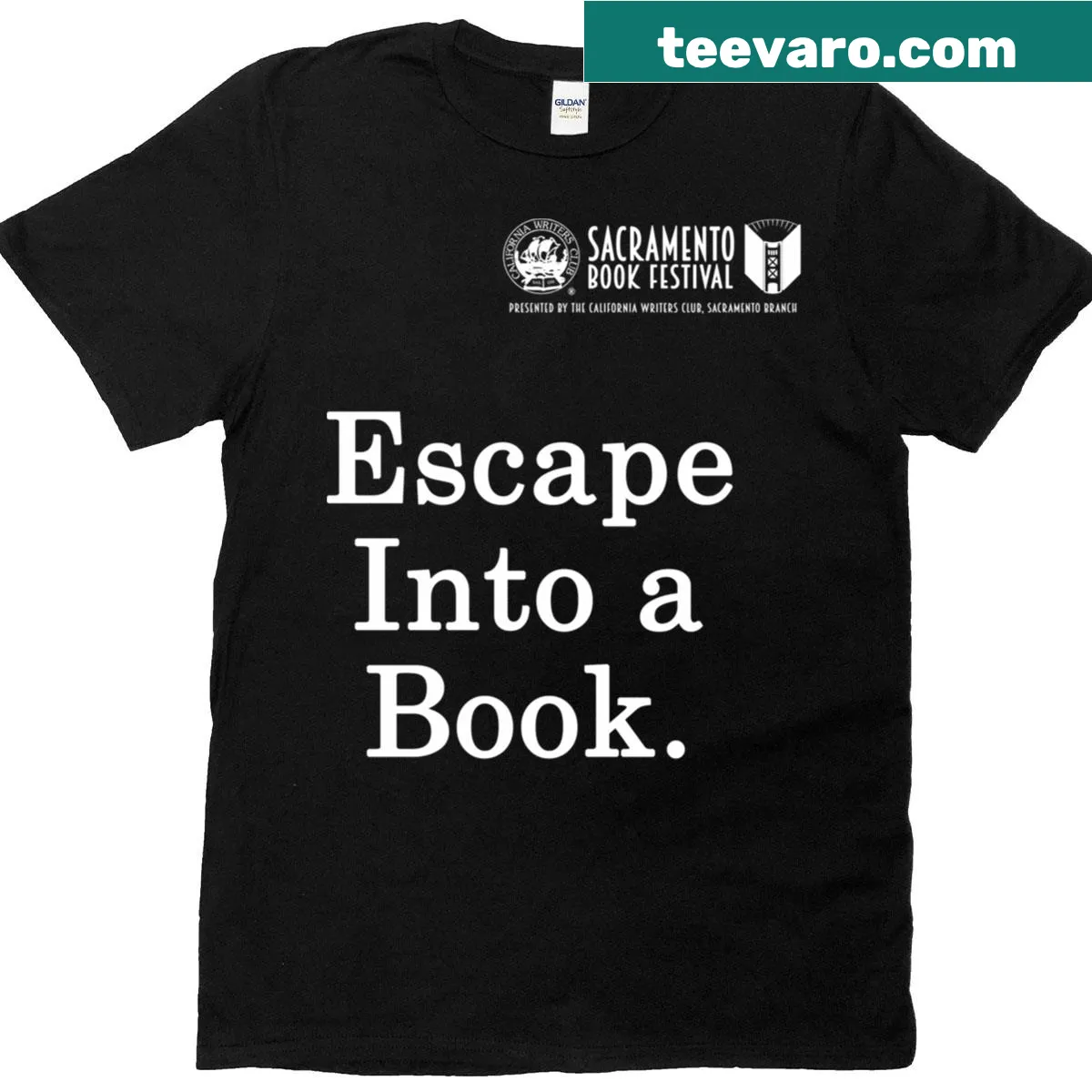 Escape Into A Book typography in white letters on t-shirt — on a men's t-shirt