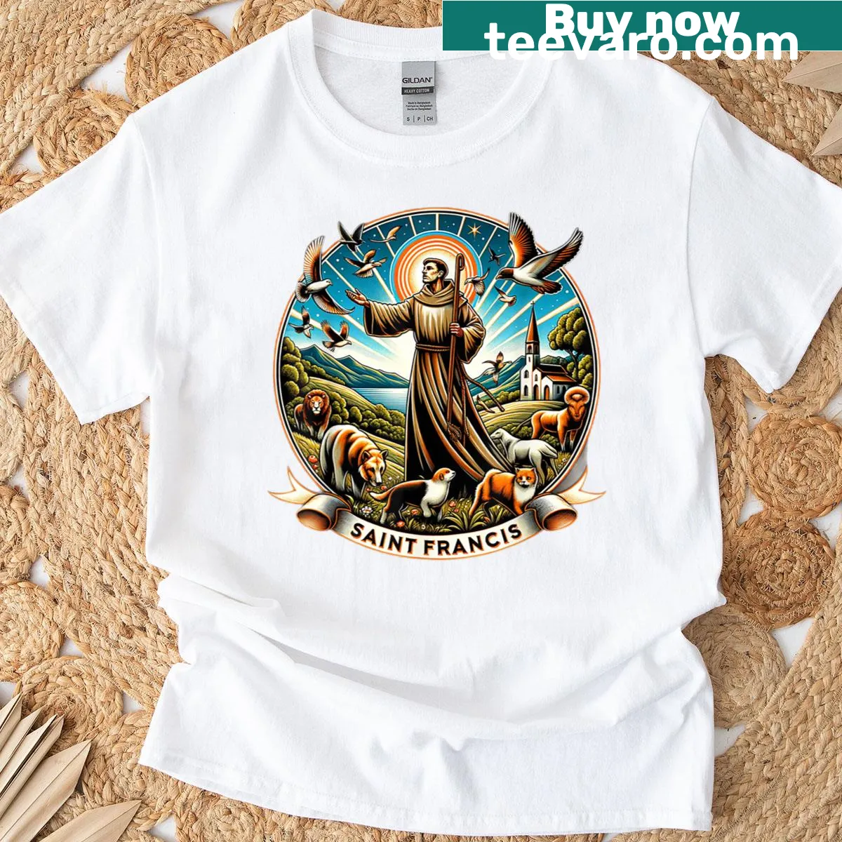 Illustrated T-shirt of Saint Francis with animals, promoting compassion — on a men's t-shirt