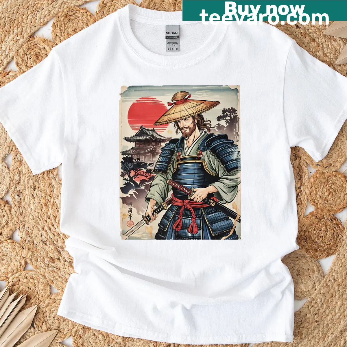 Vintage-style graphic tee featuring Samurai Jesus in armor — on a men's t-shirt