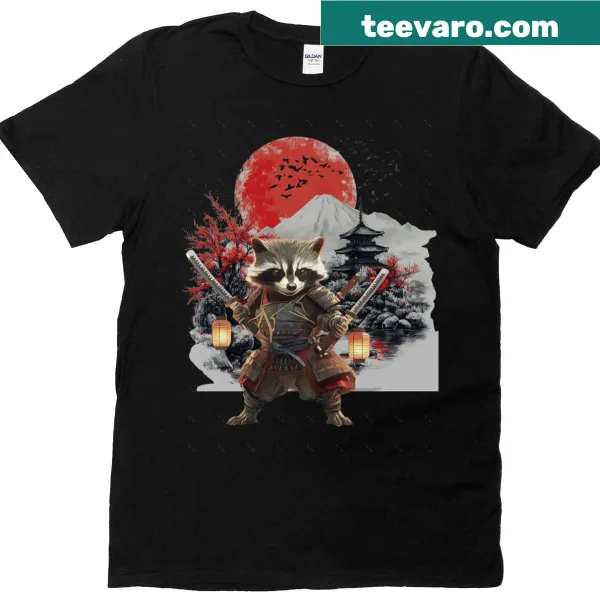 Oversized T-shirt featuring a samurai raccoon cartoon graphic