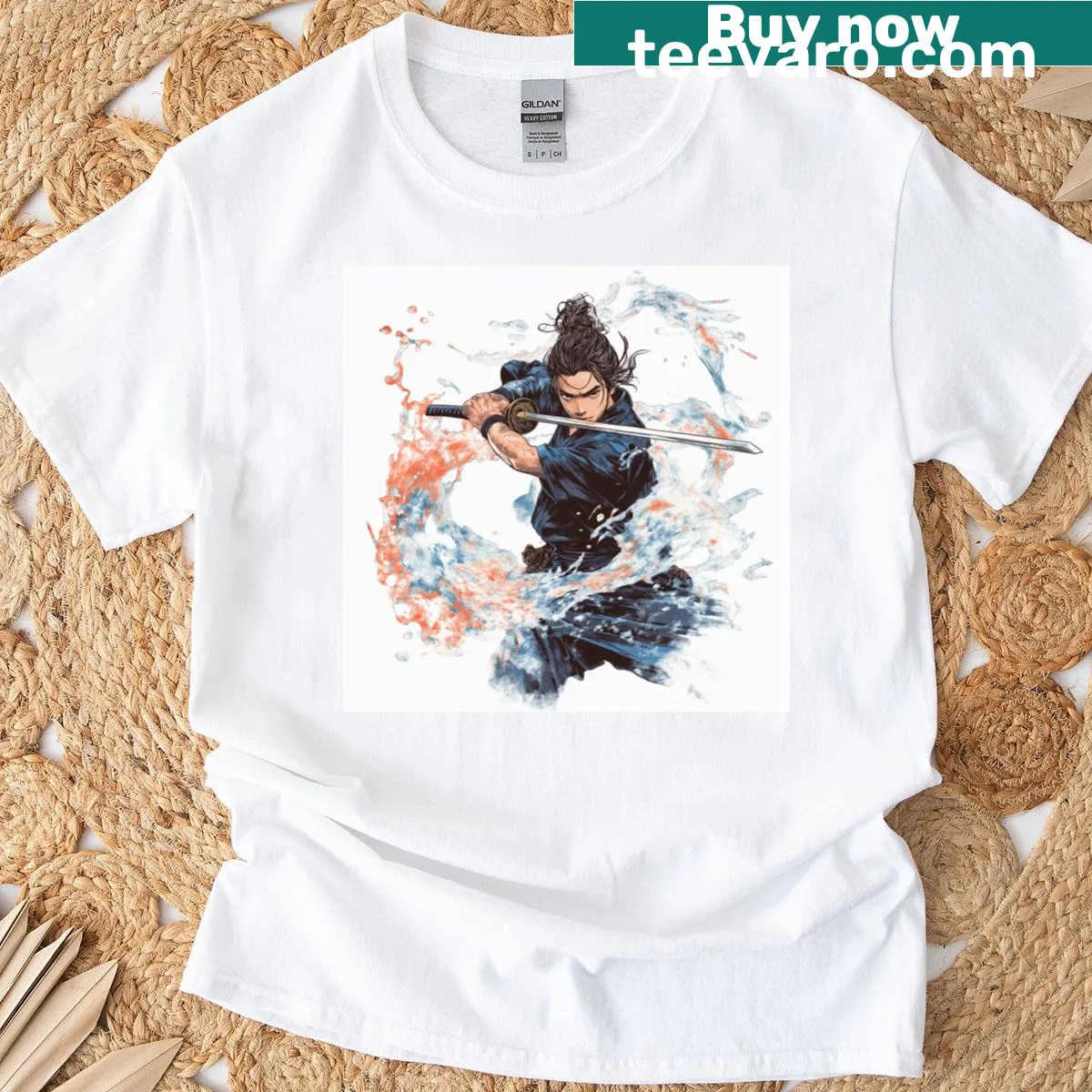Watercolor splash design of a samurai warrior with katana — on a men's t-shirt