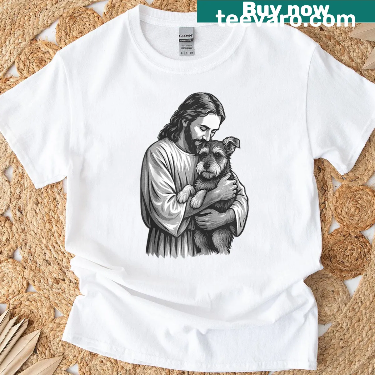 Vintage-style raglan tee featuring Schnauzer and Jesus graphic — on a men's t-shirt