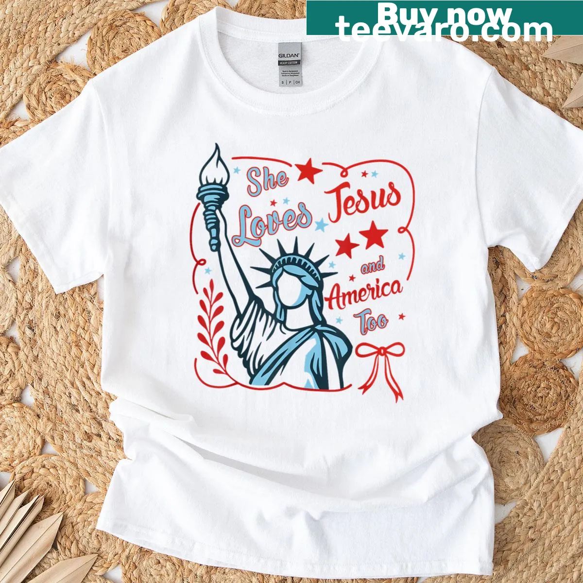 Patriotic t-shirt featuring 'She Loves Jesus And America Too' — on a men's t-shirt