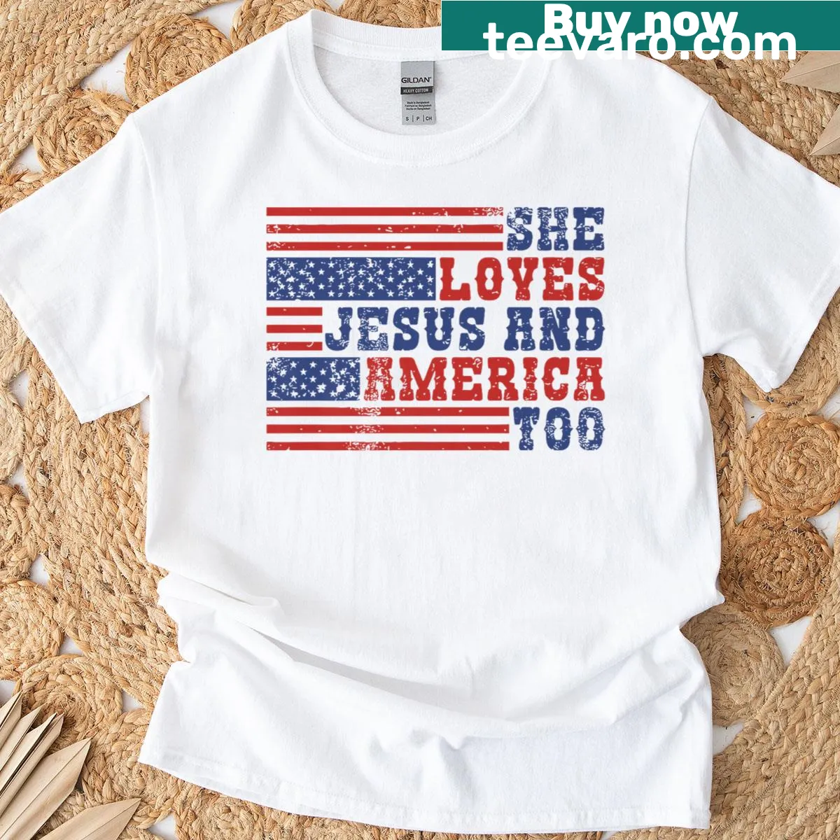 USA flag premium t-shirt with 'She Loves Jesus And America Too' phrase — on a men's t-shirt