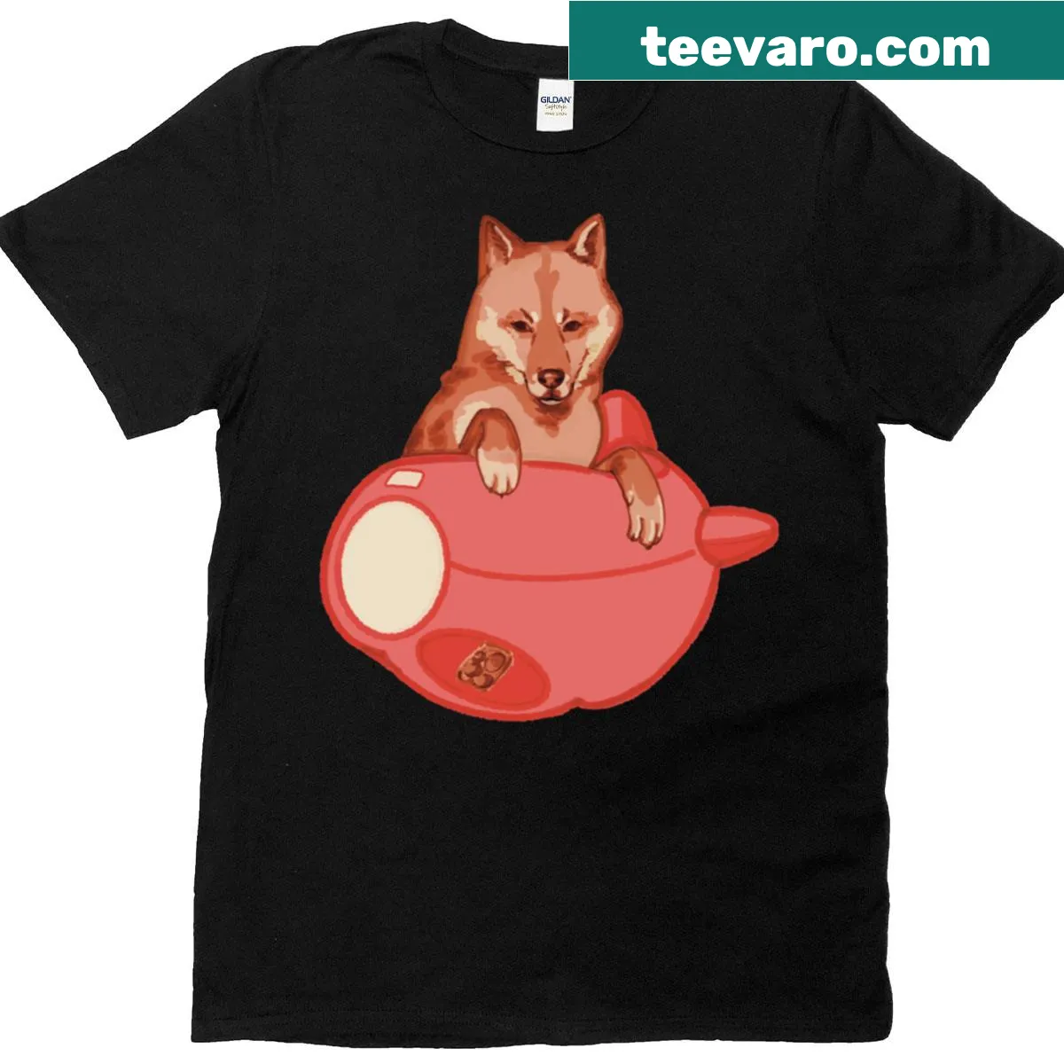 Oversized T-shirt featuring a cartoon Shiba Inu on a plane — on a men's t-shirt