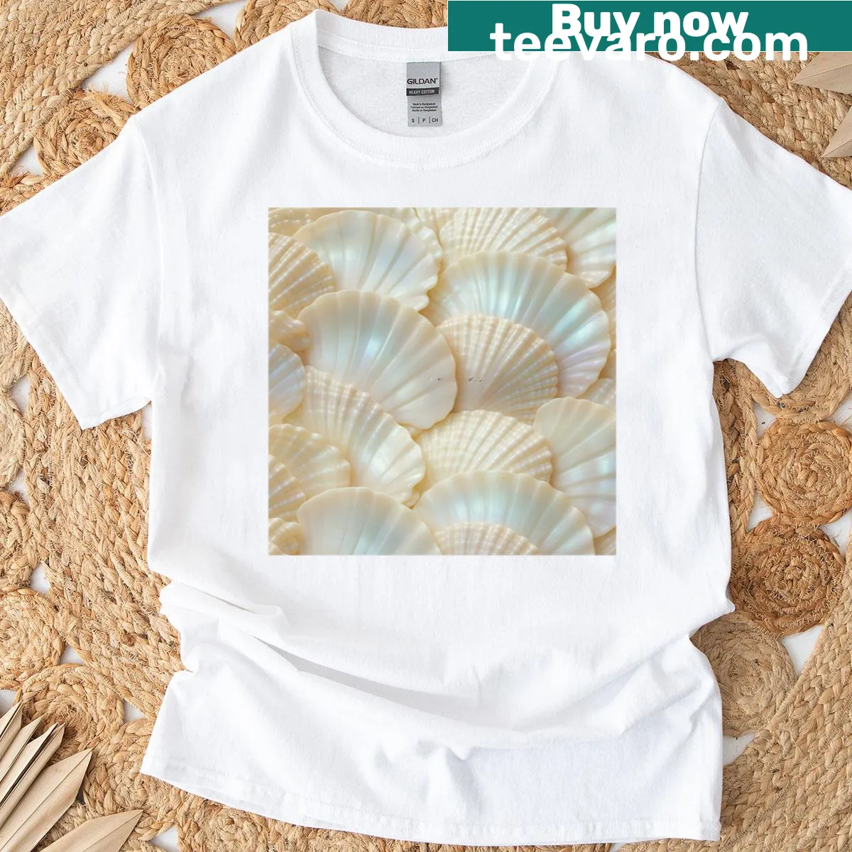 Minimalist shiny shell graphic t-shirt — on a men's t-shirt