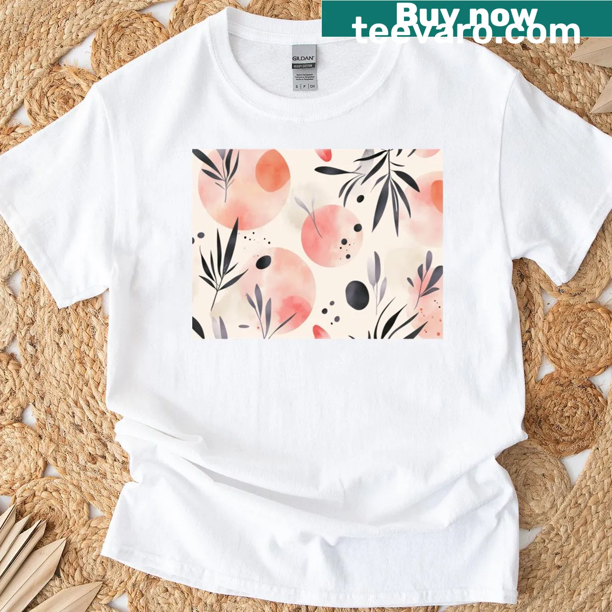T-shirt with springtime plant and soft orbs design — on a men's t-shirt