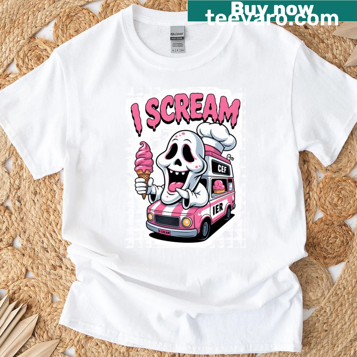 Whimsical ghost wearing an ice cream mask in illustration style. — on a men's t-shirt