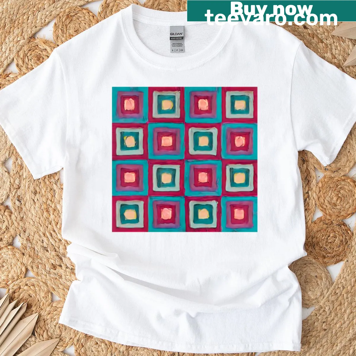 Minimalist T-shirt featuring a geometric squares design. — on a men's t-shirt