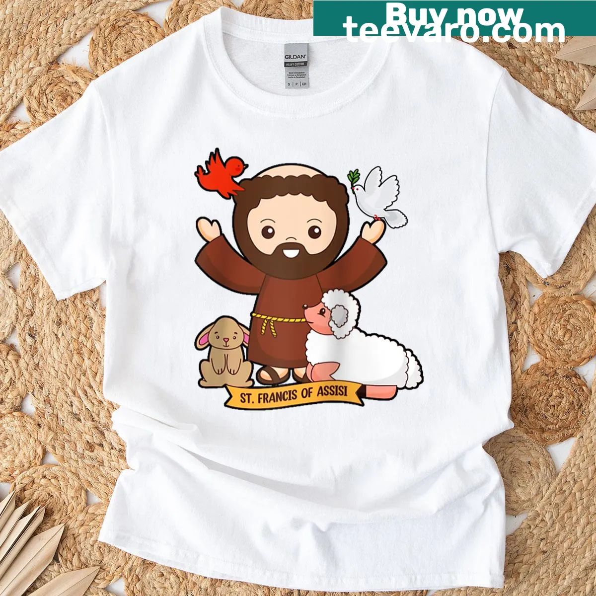 Raglan baseball tee featuring St. Francis with animals — on a men's t-shirt