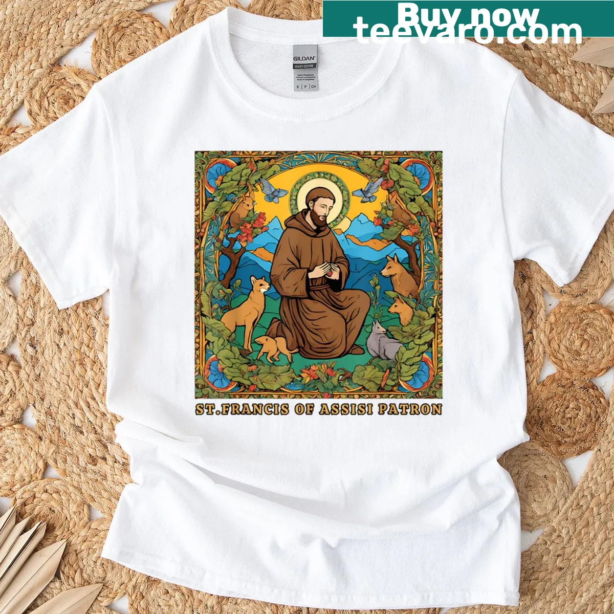Design celebrating St. Francis as a patron saint of nature. — on a men's t-shirt