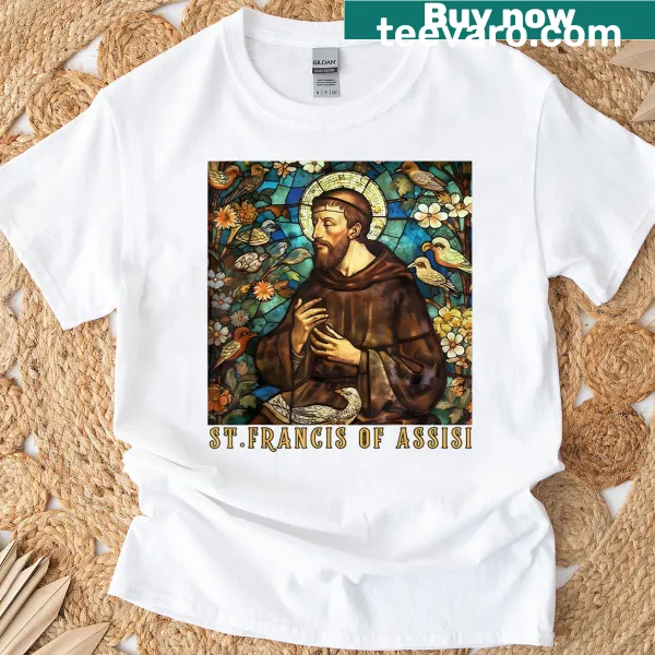 Stained glass style T-shirt featuring St. Francis of Assisi