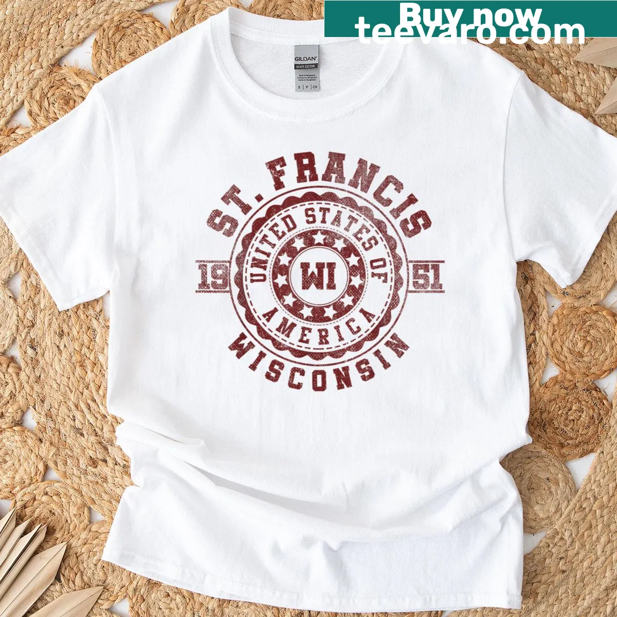 Vintage design featuring St. Francis and Wisconsin imagery. — on a men's t-shirt