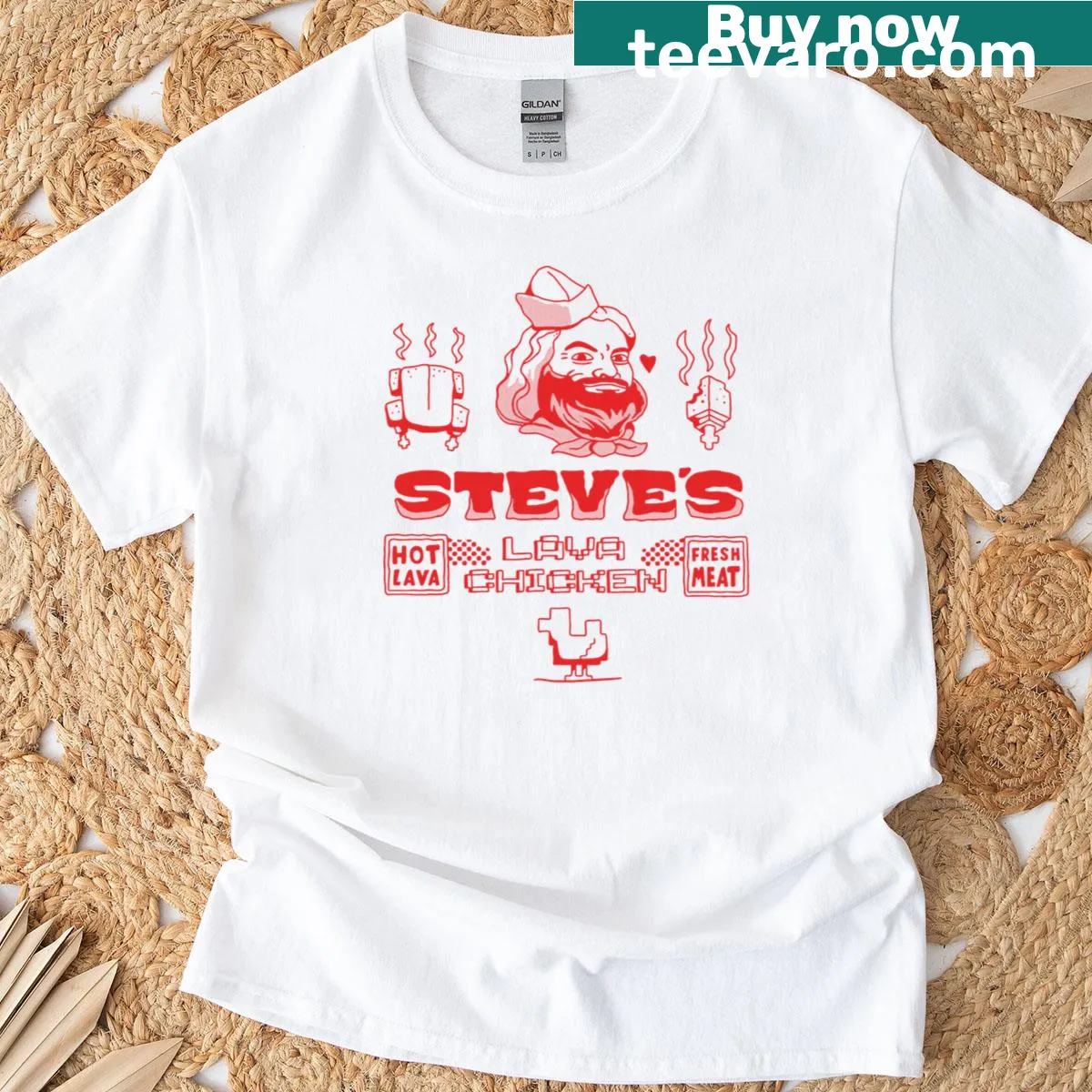 Cartoon graphic of Steve's Lava Chicken Restaurant — on a men's t-shirt