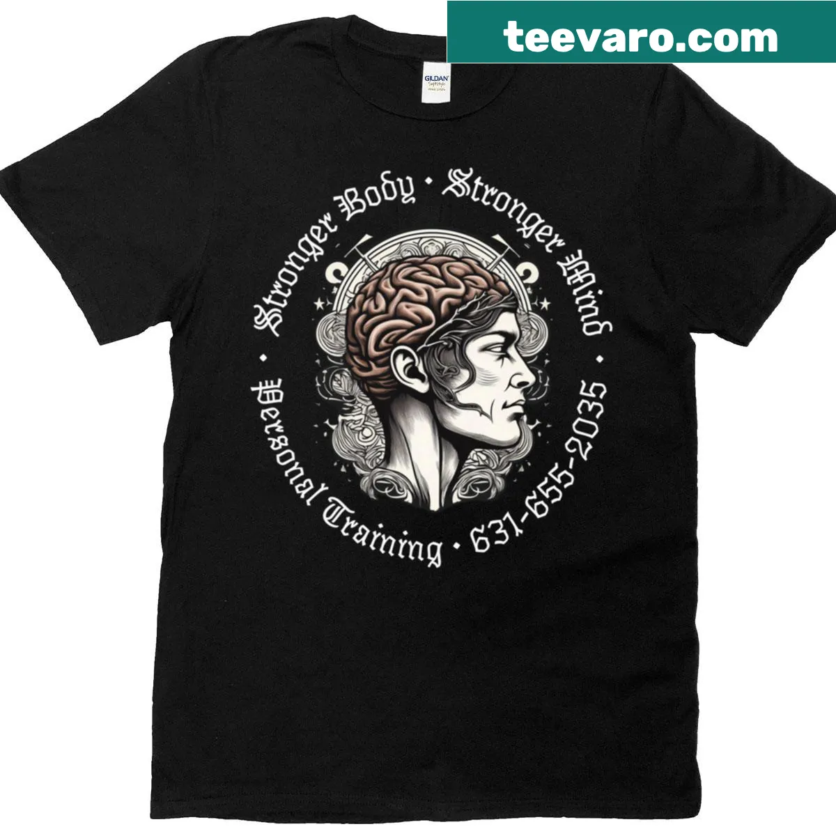 Motivational T-shirt with 'Stronger Body Stronger Mind' printed in bold typography — on a men's t-shirt