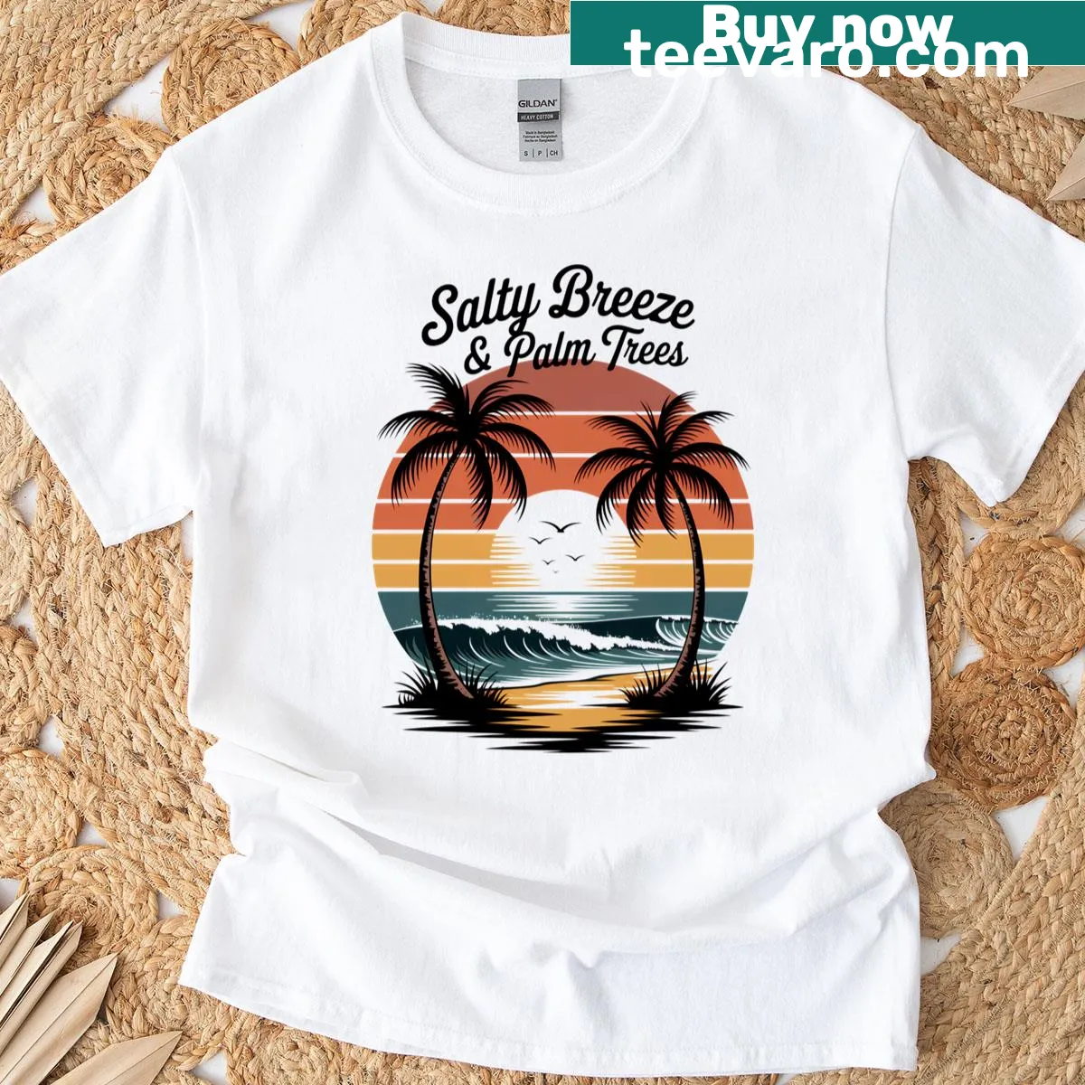 Retro beach sunset design with palm trees and summer vibes. — on a men's t-shirt