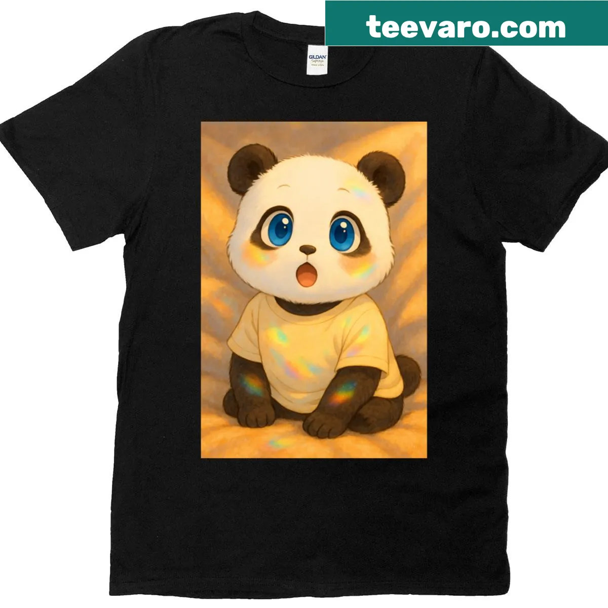 Cute T-shirt featuring a surprised blue-eyed panda illustration — on a men's t-shirt