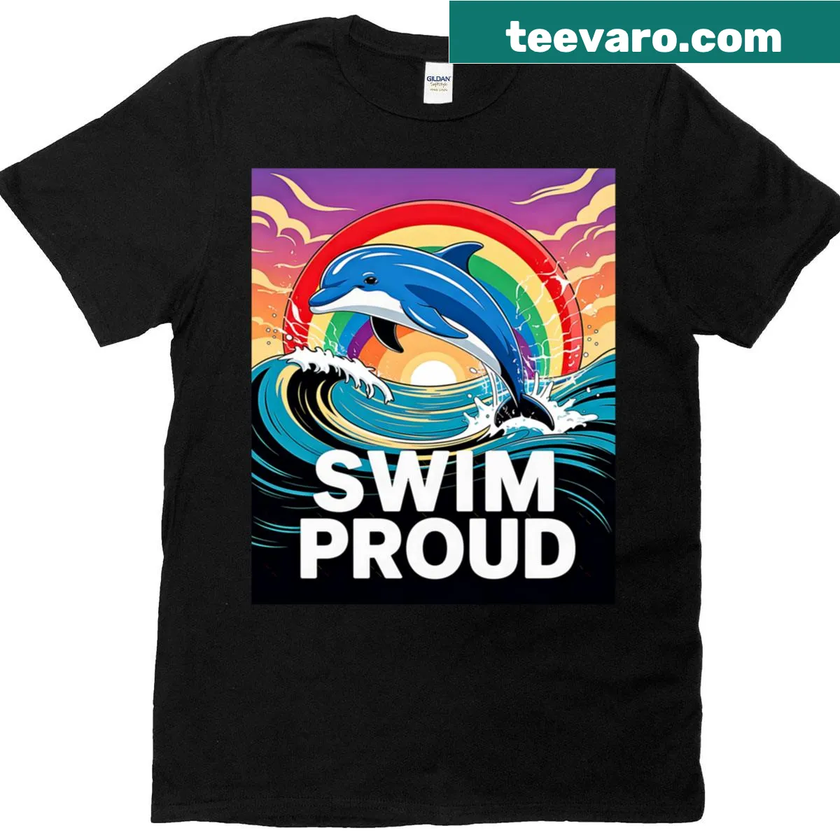Dolphin leaping with rainbow over ocean T-shirt illustration — on a men's t-shirt