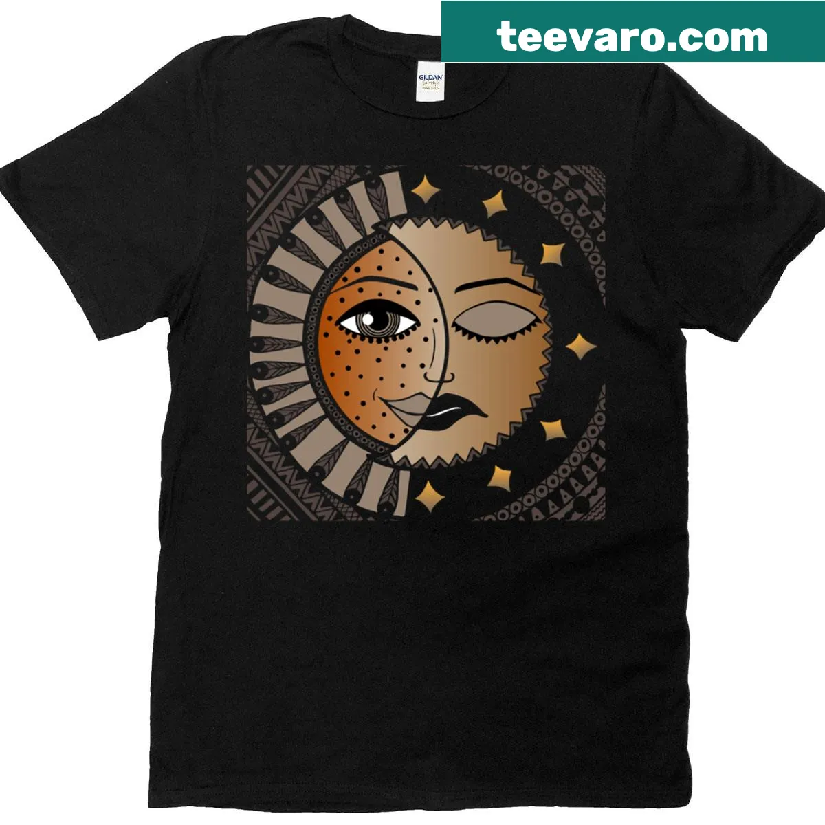 Symbolic t-shirt featuring an ancient sun design. — on a men's t-shirt