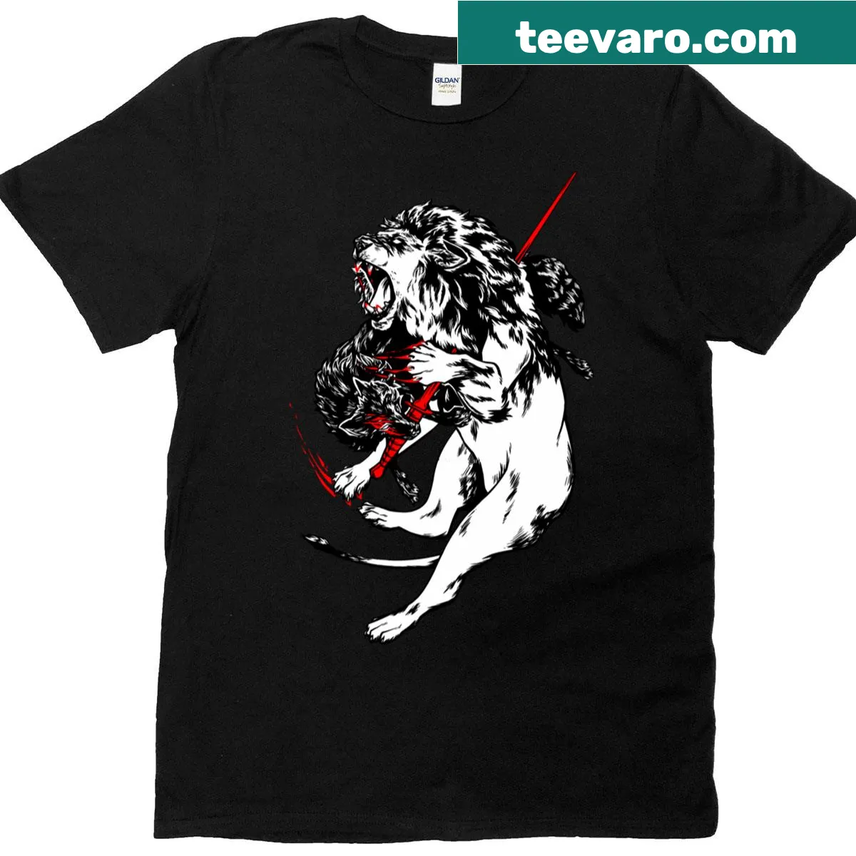 Oversized t-shirt featuring a lion and wolf illustration. — on a men's t-shirt