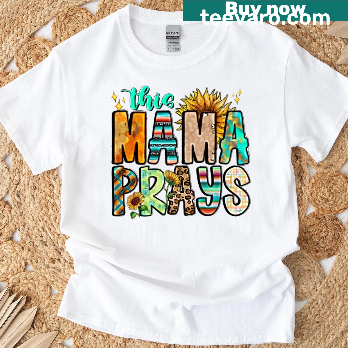 T-shirt with 'This Mama Prays' and sunflower design — on a men's t-shirt