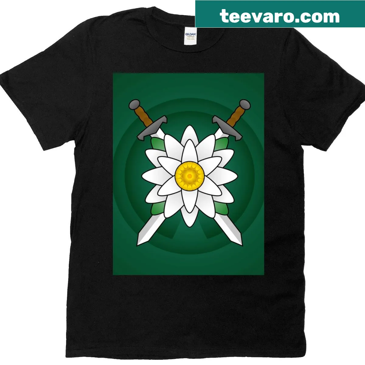 Graphic T-shirt with two swords and a lily design on a green background — on a men's t-shirt