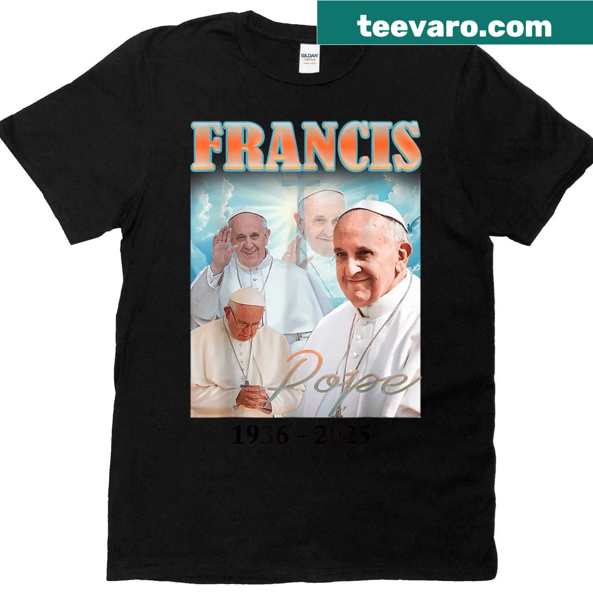 Vintage-style t-shirt honoring Pope Francis with tribute text — on a men's t-shirt
