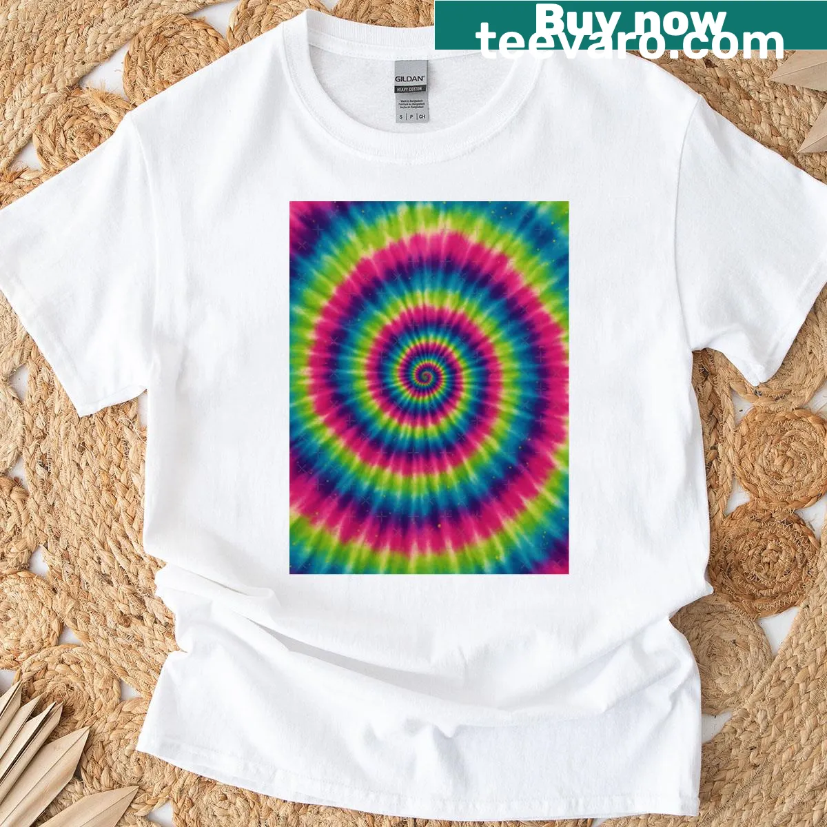 Vintage tie-dye festival graphic T-shirt — on a men's t-shirt
