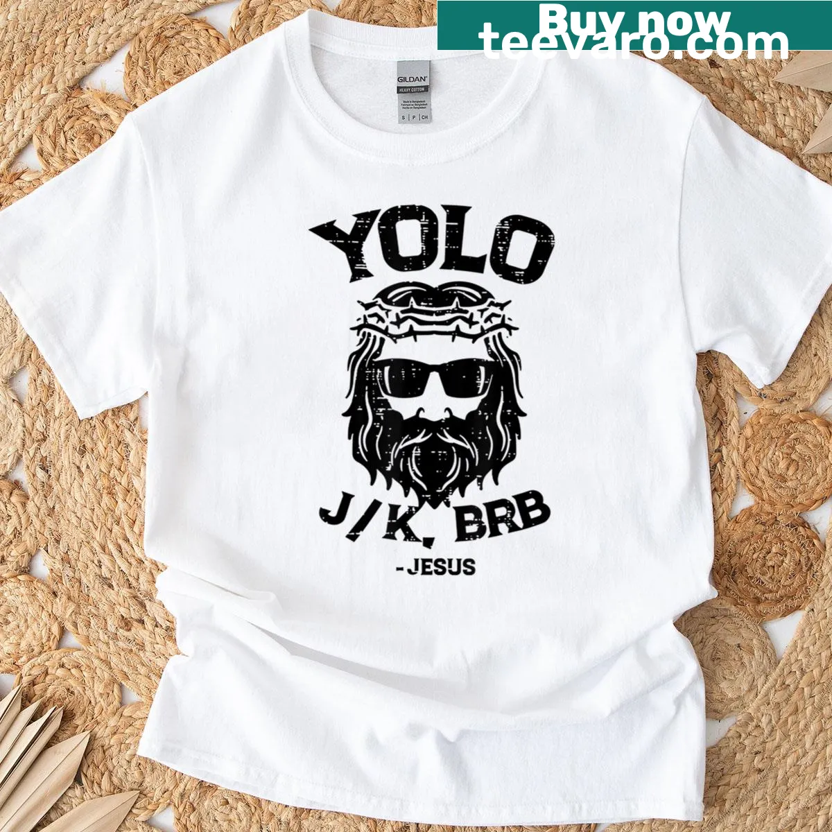 Funny T-shirt with humorous Jesus graphic and text — on a men's t-shirt