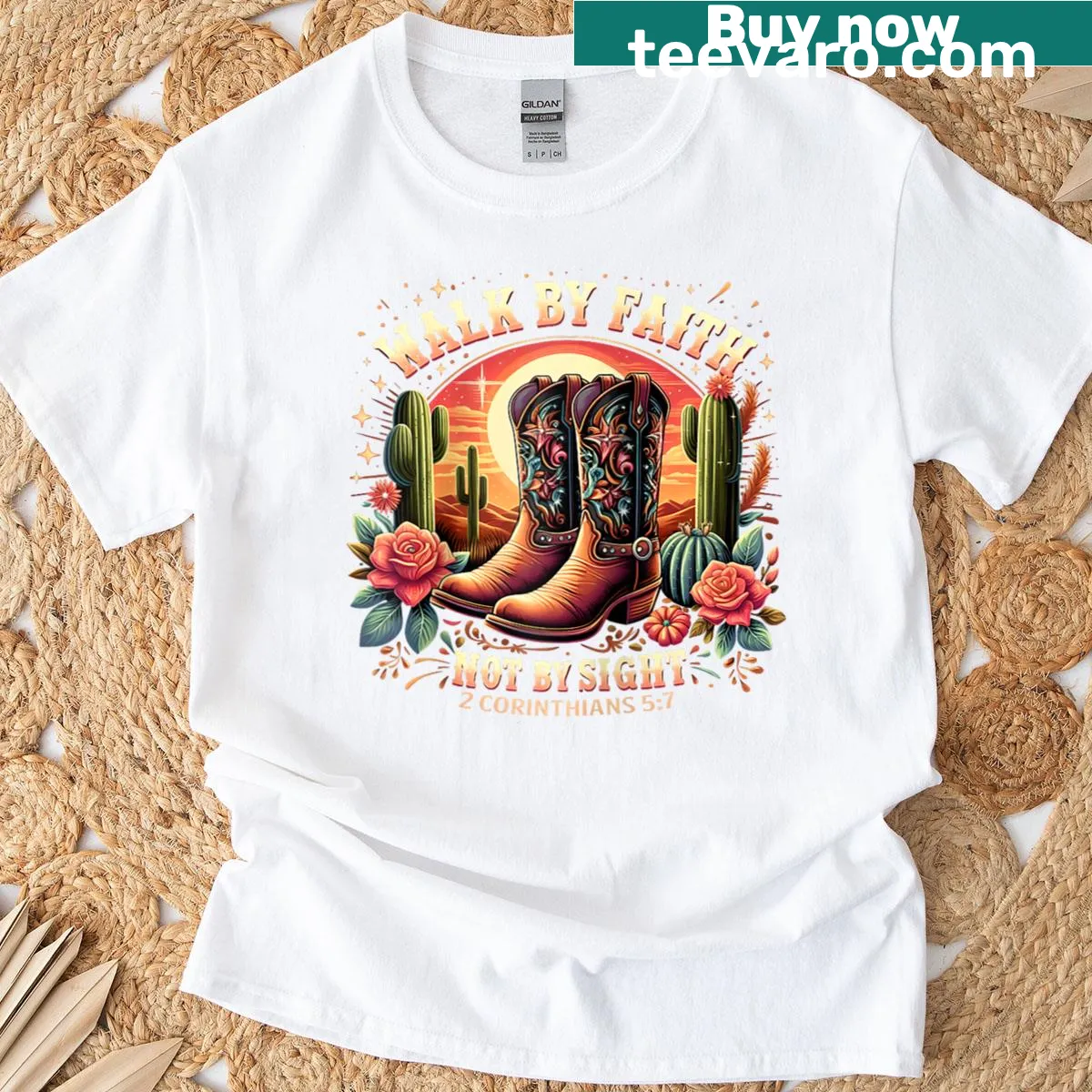 Christian raglan tee with 'Walk By Faith Not By Sight' and cowboy boots graphic — on a men's t-shirt