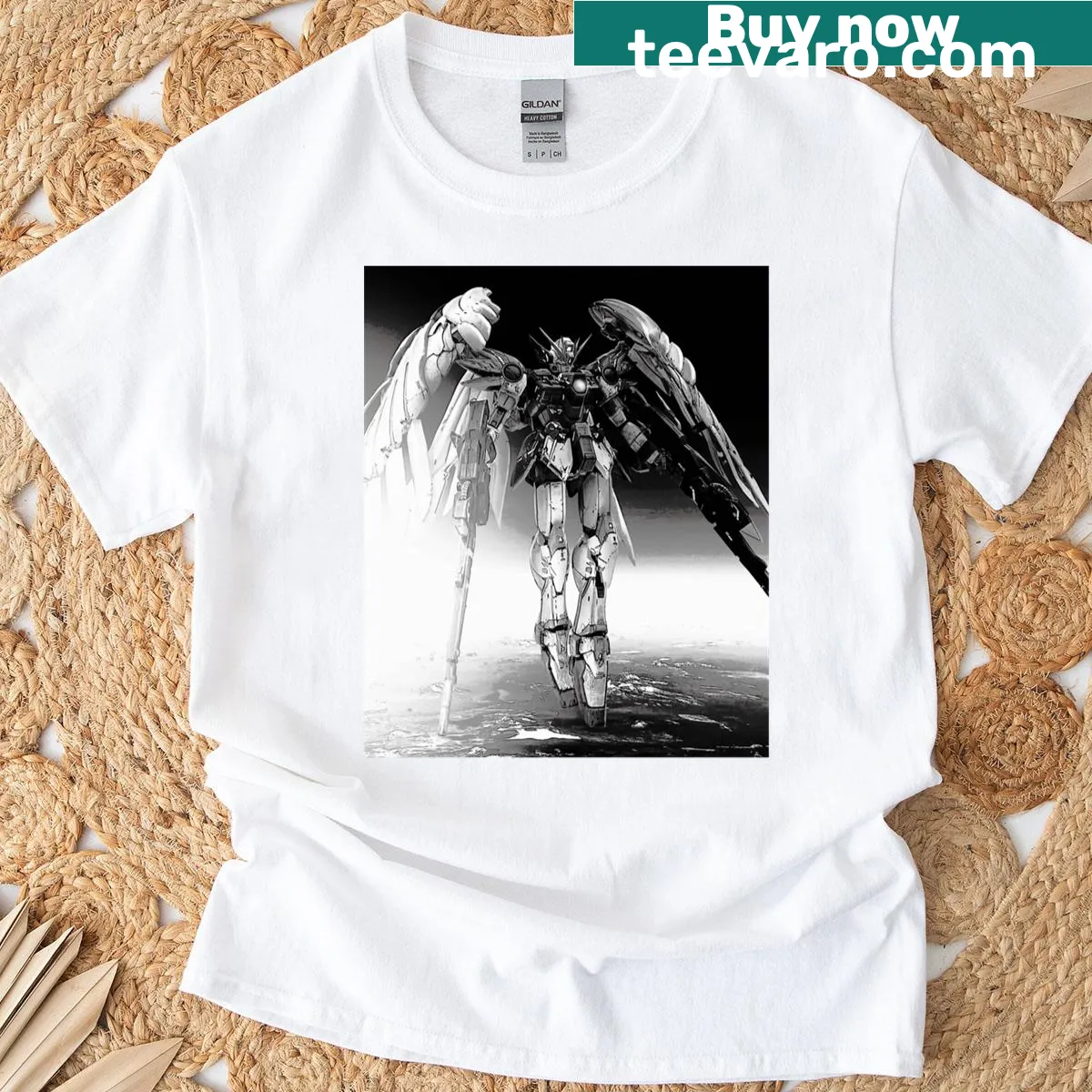 Ink artwork of Wing Gundam on a stylish T-shirt — on a men's t-shirt