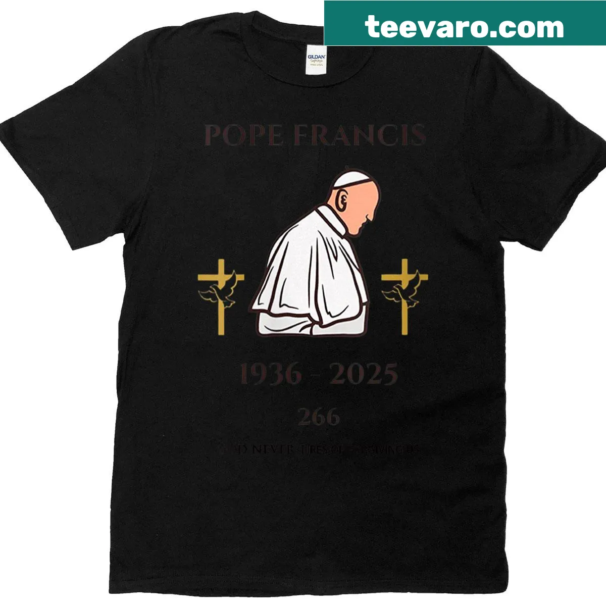 Memorial tribute t-shirt for Pope Francis with commemorative graphic — on a men's t-shirt