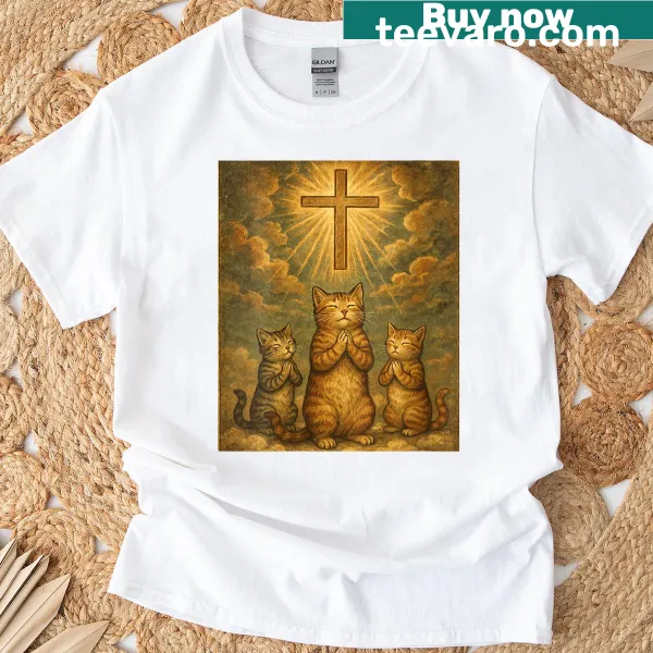 Vintage design of a cat praying with a cross