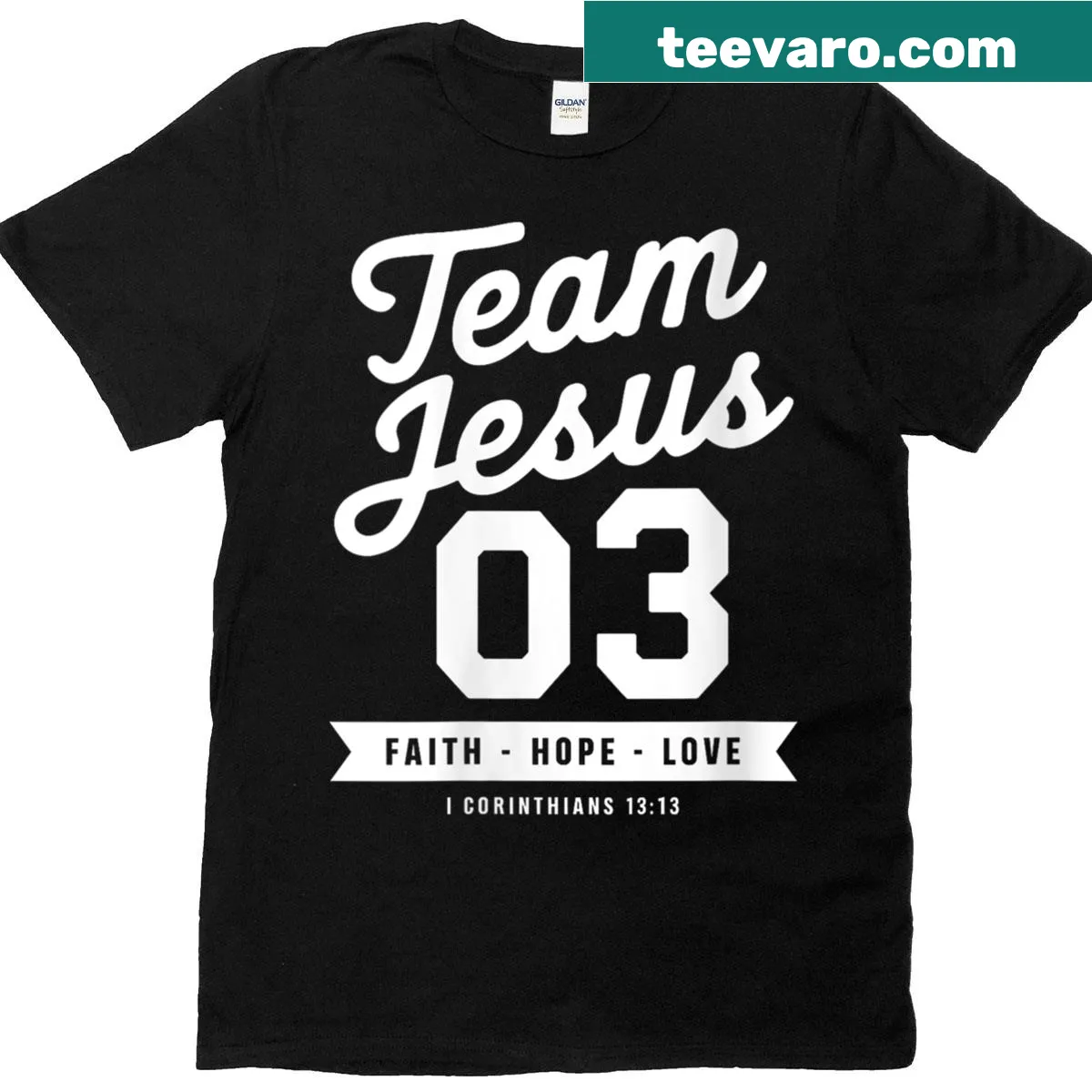 Team Jesus 03 t-shirt with faith, hope, love text design — on a men's t-shirt
